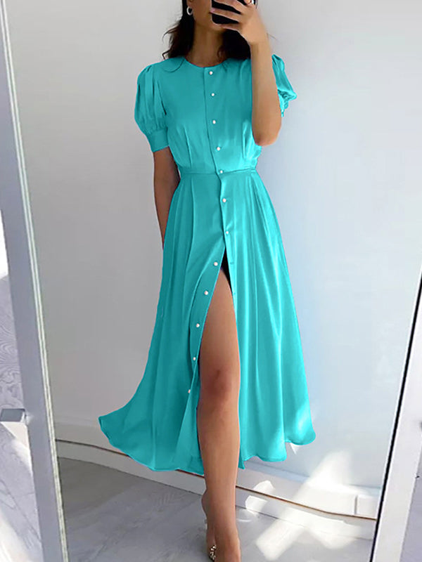 Robe chemise boutonnée à manches bouffantes, à manches courtes, à col rond, couleur unie