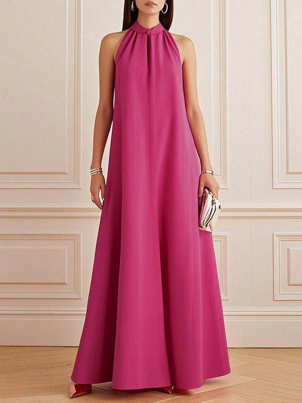Robe longue ample plissée coupe trapèze, à col cheminée, couleur unie