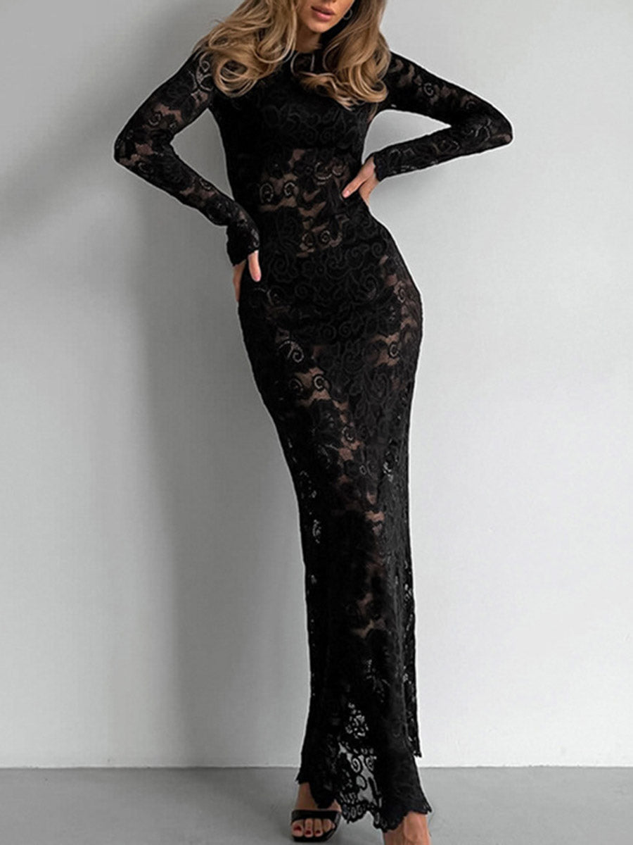Robe longue moulante transparente taille haute, à empiècements, à col rond, style kimono, couleur unie