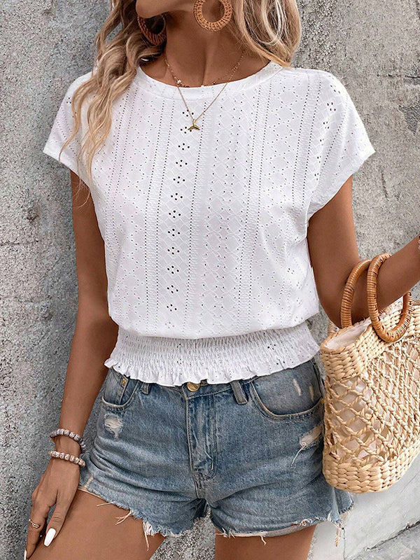T-shirt ample ajouré à manches raglan, à taille élastique, en jacquard, à col rond, couleur unie