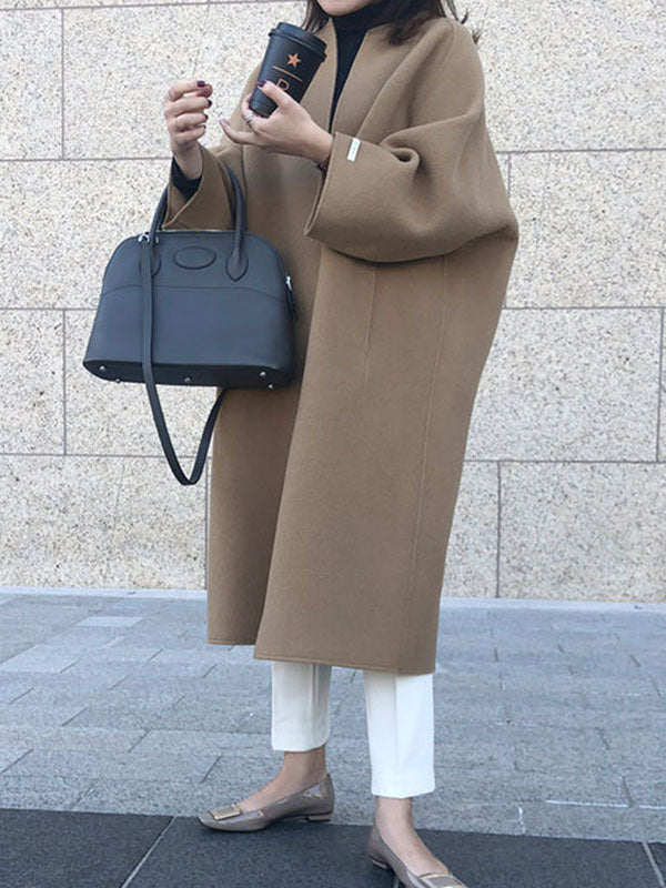 Manteau en laine ample à manches longues, sans col, couleur unie