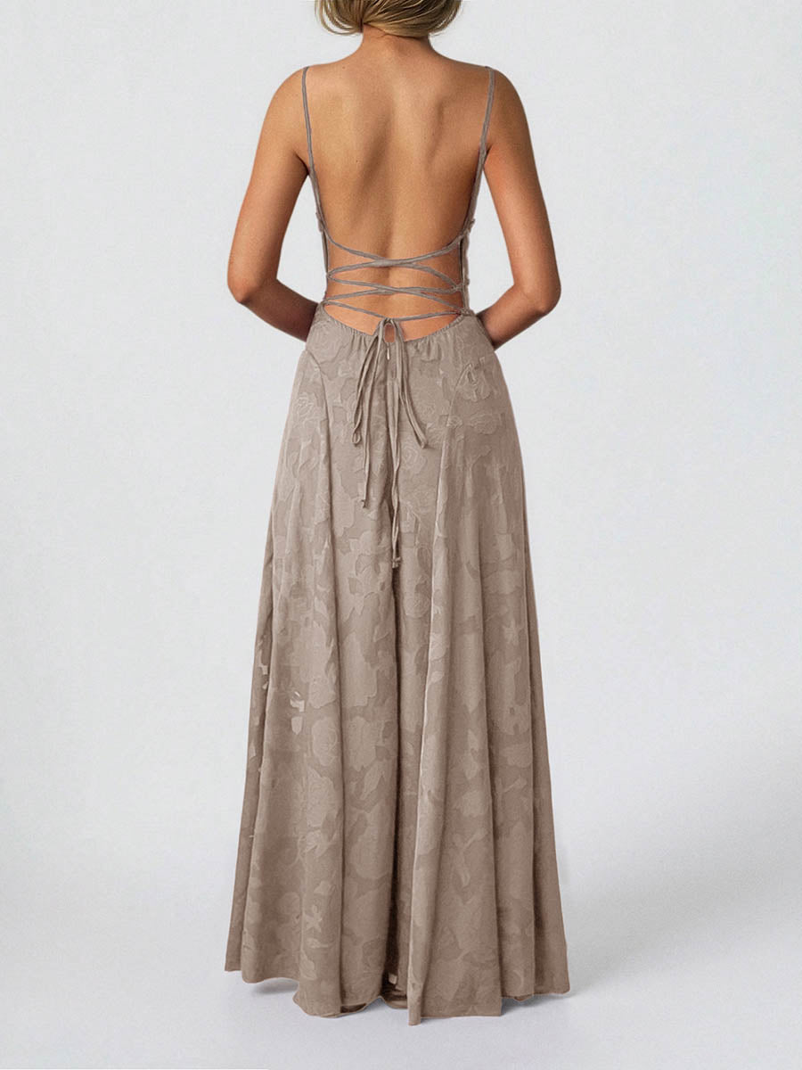 Robe longue plissée coupe trapèze, taille haute, en jacquard, à fines bretelles, couleur unie
