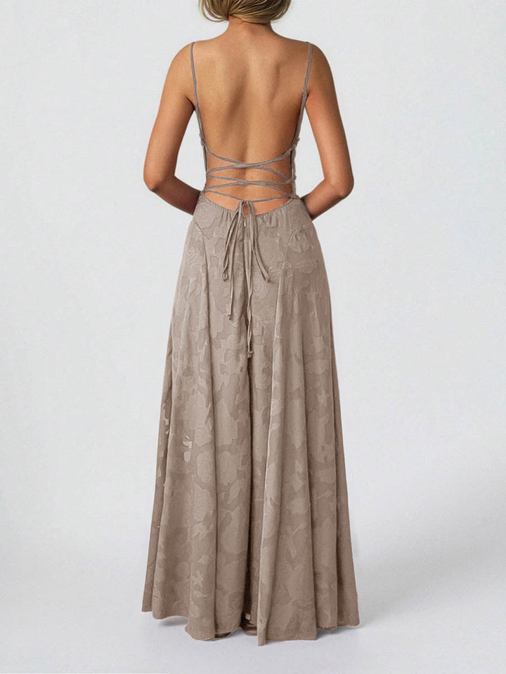 Robe longue plissée coupe trapèze, taille haute, en jacquard, à fines bretelles, couleur unie