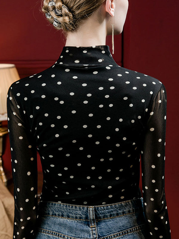 T-shirt à manches longues, grande taille, à pois, à col cheminée