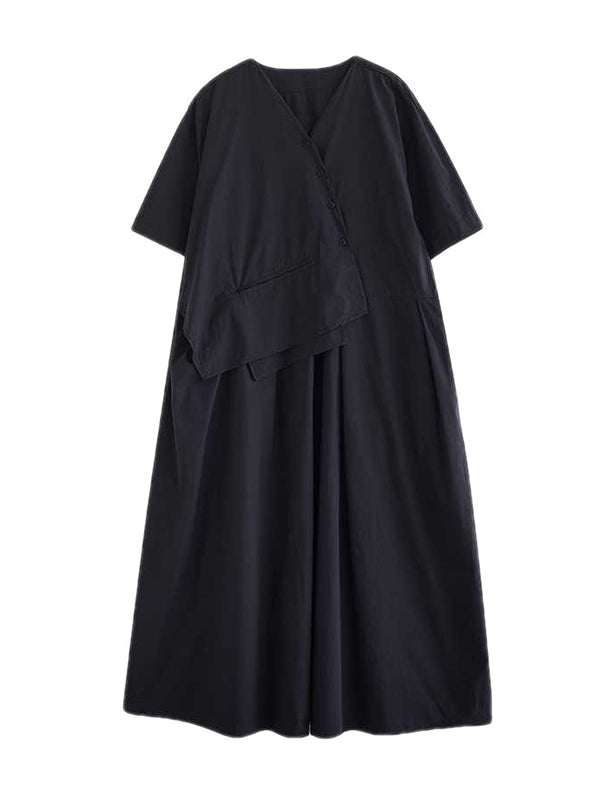 Robe mi-longue ample plissée à manches courtes, à empiècements, à col en V, couleur unie