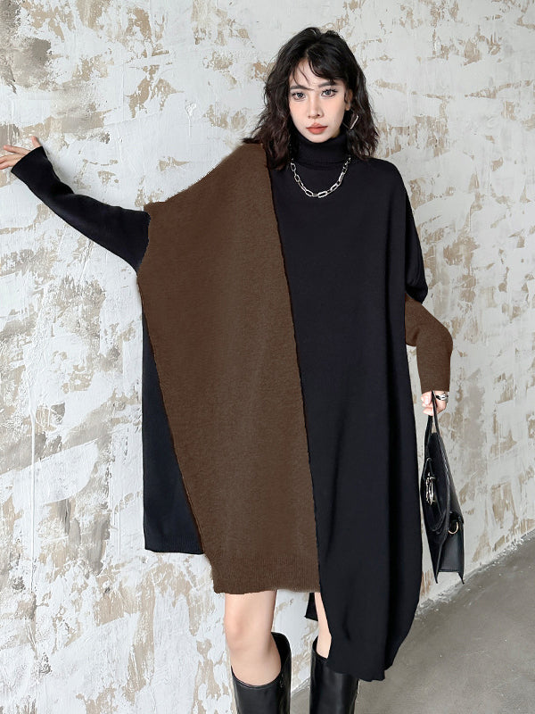 Robe pull mi-longue asymétrique à manches chauve-souris et col haut, couleur contrastée