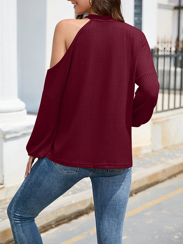 Chemise ample ajourée asymétrique à une épaule, couleur unie