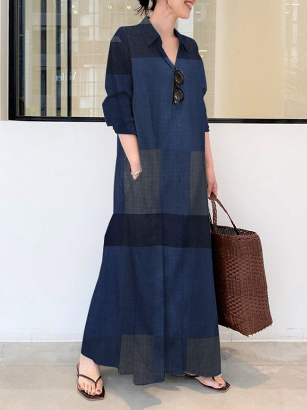 Robe chemise ample à manches longues, à carreaux, à poches, à col revers