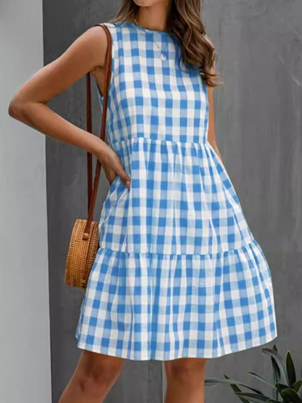 Robe courte ample ajourée plissée sans manches, à carreaux, à empiècements, à col rond