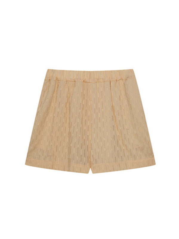Ensemble deux pièces boutonné à ourlet plongeant, à manches longues, en jacquard, à col revers, couleur unie – chemise + haut + short