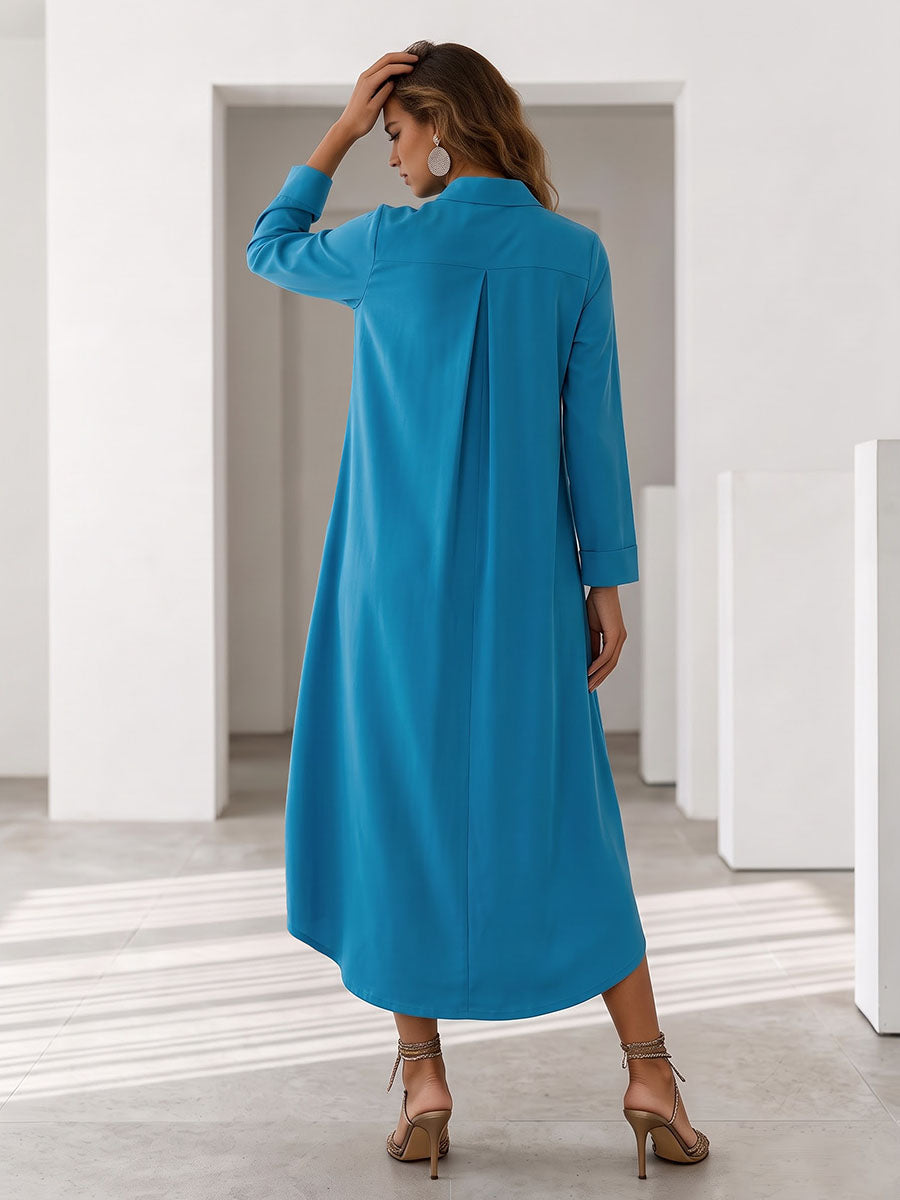 Robe mi-longue ample à poches, à manches longues, à col en V, couleur unie