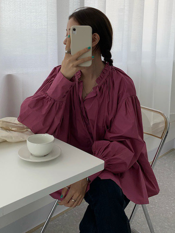 Blouses urbaines amples à manches bouffantes et lacets agariques Volants de couleur unie