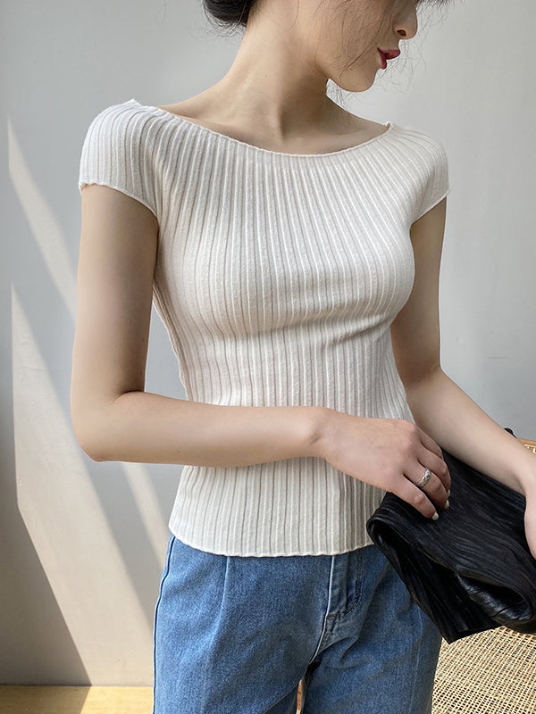 Pull en tricot à manches courtes et col bateau de couleur unie