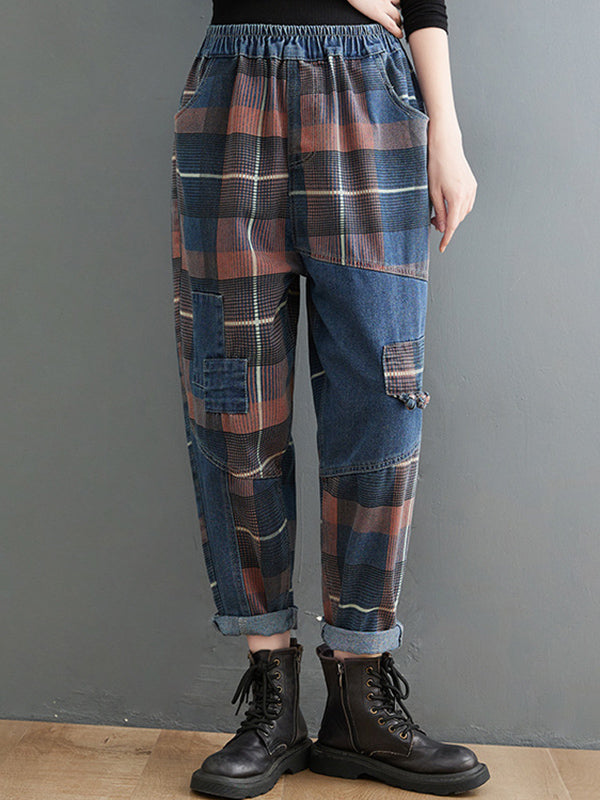 Pantalon en jean à carreaux rétro artistique original