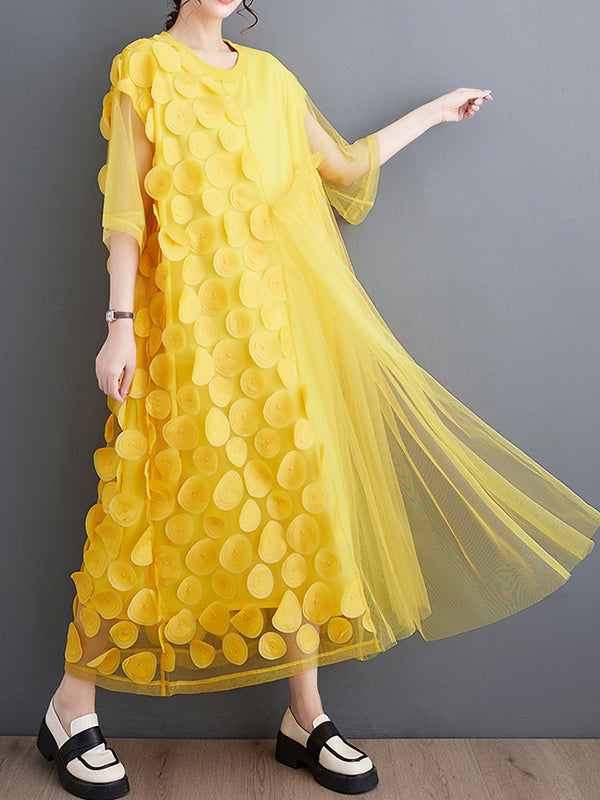 Robe mi-longue ample asymétrique à manches courtes, en gaze, à empiècements, à col rond