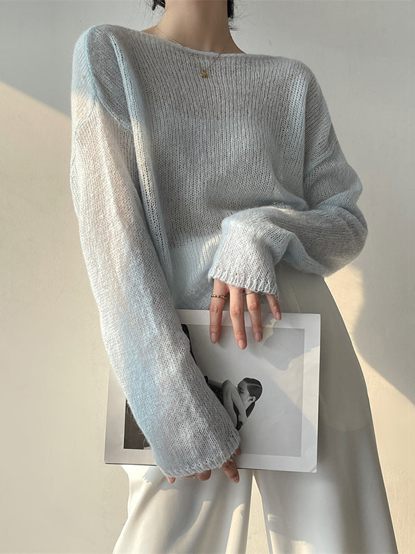 Pull fin tricoté en Mohair doux, manches longues, couleur unie, hauts fins