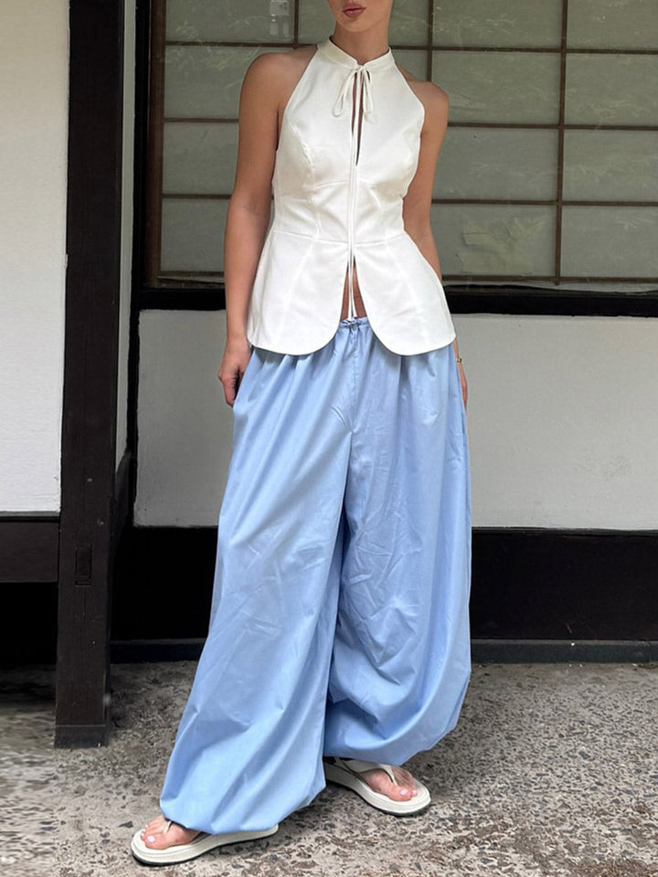 Pantalon resserré aux chevilles plissé à taille élastique, taille haute, à cordon de serrage, couleur unie