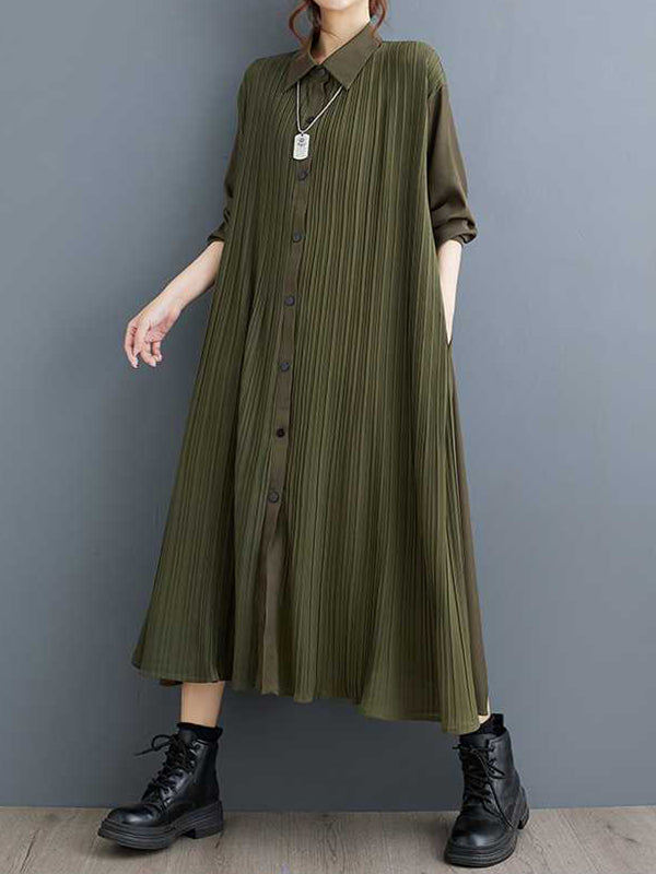 Robe chemise boutonnée plissée coupe trapèze, à manches longues, à poches, à empiècements, à col revers