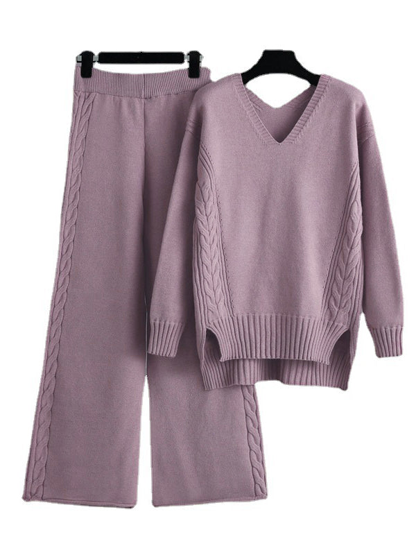 Ensemble deux pièces élégant ample à manches longues, à col en V, à jambes larges, couleur unie – pull + pantalon