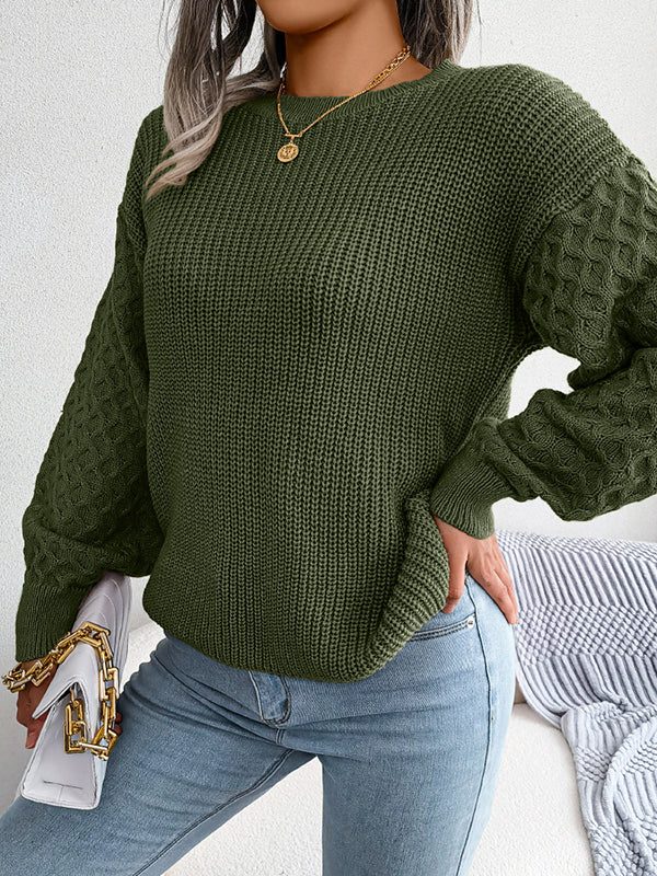 Pull ample à manches longues en tricot torsadé de couleur unie à col rond