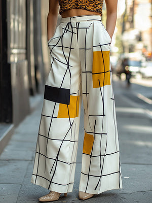 Pantalon ample asymétrique imprimé taille haute, à empiècements