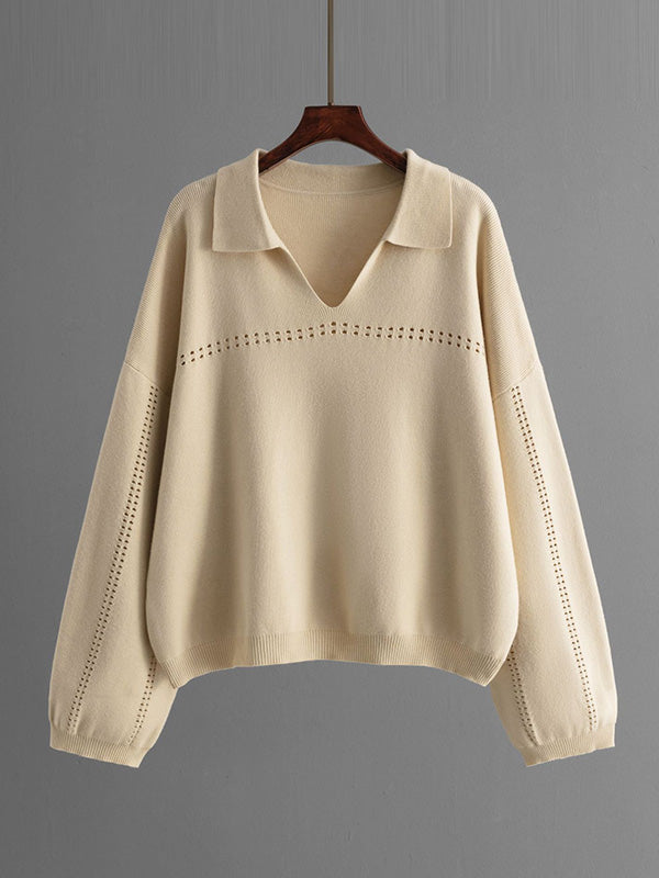 Ensemble deux pièces ample ajouré à manches bouffantes, à taille élastique, couleur unie – pull + jupe