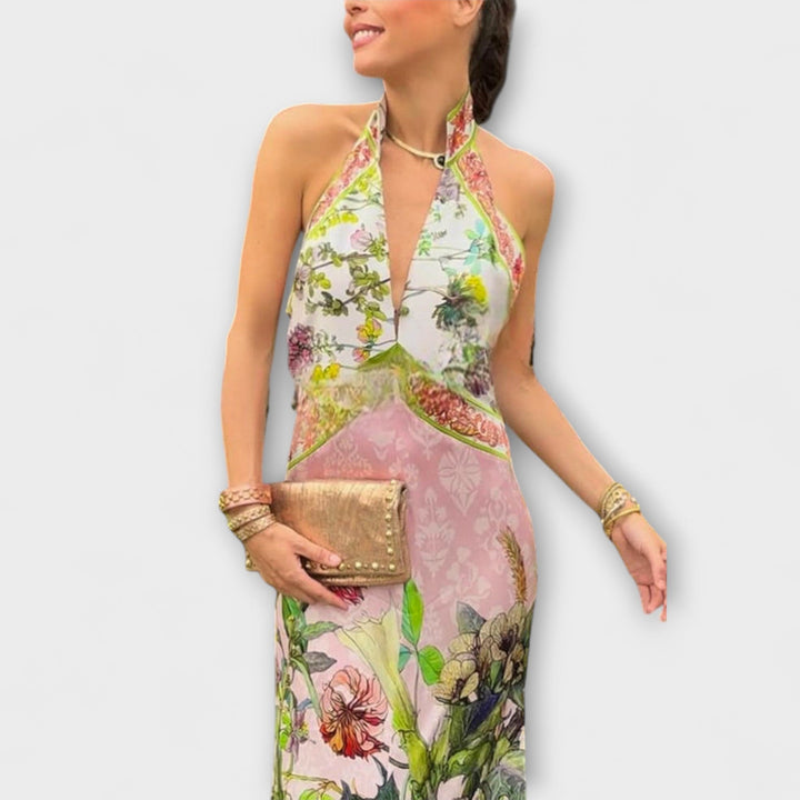Ayla - Robe Maxi Sans Manches Imprimée Florale avec Dos Ouvert