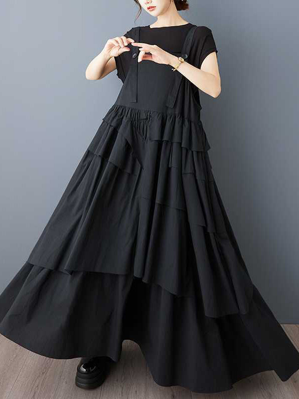 Robe trapèze ample asymétrique boutonnée plissée à col Spaghetti, robe longue à bretelles