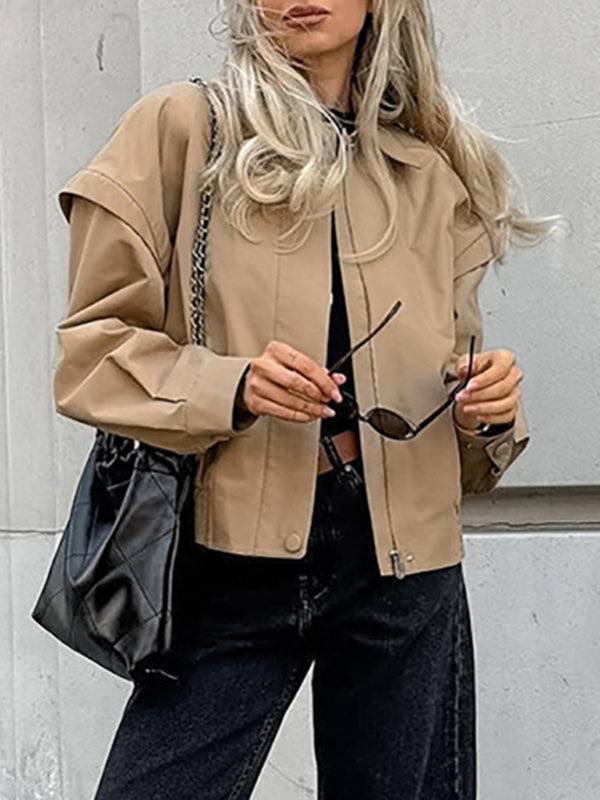 Veste ample boutonnée à manches longues, à taille élastique, à fermeture éclair, à col revers, couleur unie