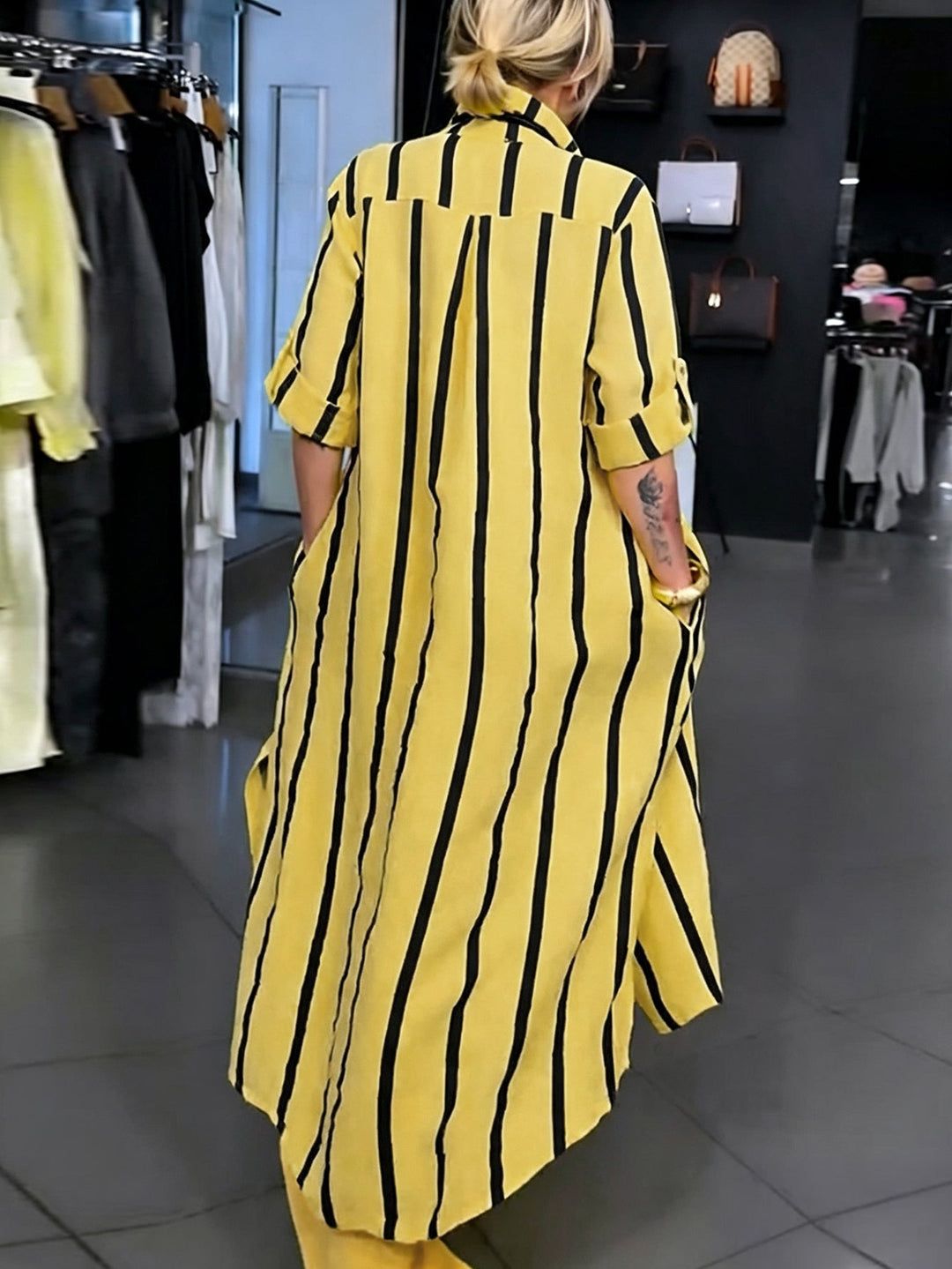 Ensemble deux pièces boutonné rayé à ourlet plongeant, à manches longues, à col revers, à poches, à jambes larges, couleur contrastée, couleur unie – chemisier + bas + pantalon