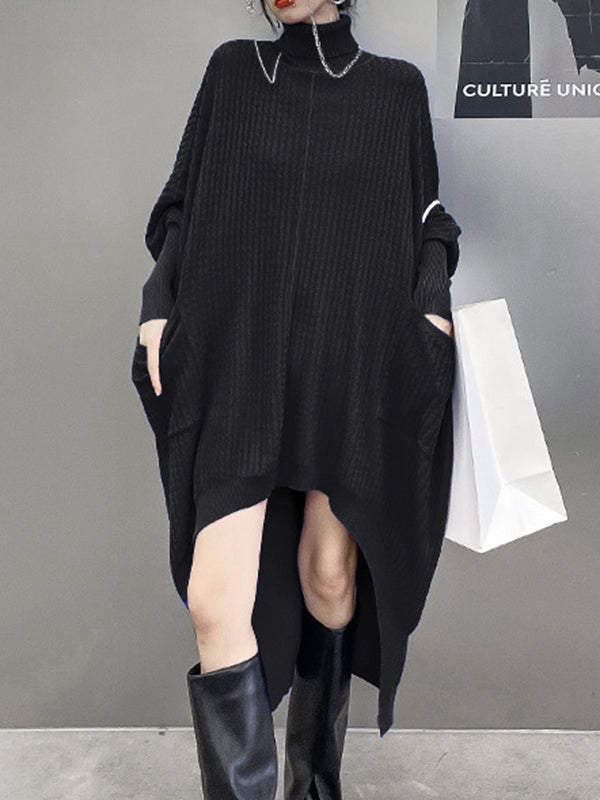Robe pull à manches chauve-souris, à ourlet plongeant, à poches, à col haut, couleur unie