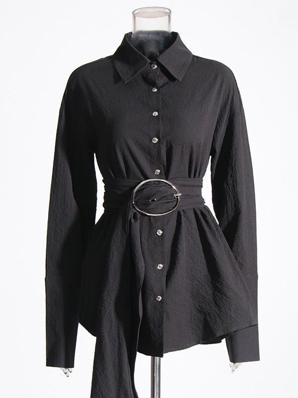 Robe chemise ample boutonnée à manches longues, avec ceinture, à col revers