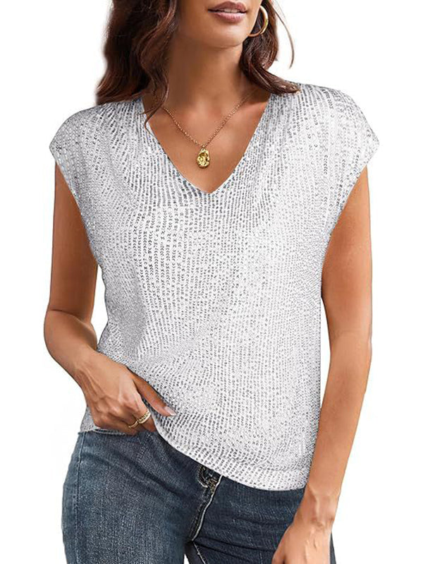 T-shirt ample brillant à manches chauve-souris, à sequins, à col en V