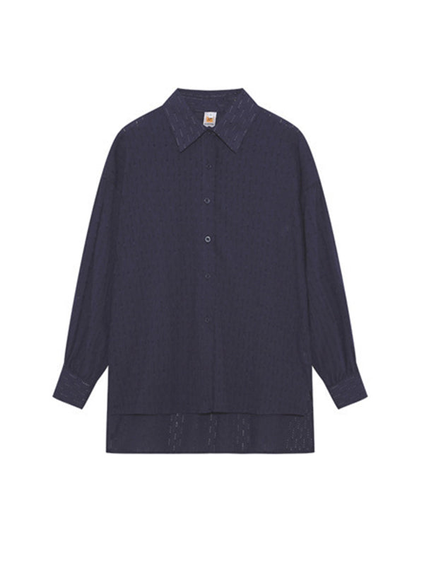 Ensemble deux pièces boutonné à ourlet plongeant, à manches longues, en jacquard, à col revers, couleur unie – chemise + haut + short