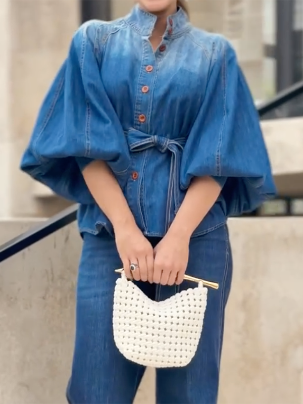 Chemisier boutonné à manches mi-longues, à manches bouffantes, en dégradé, à taille nouée, à col montant