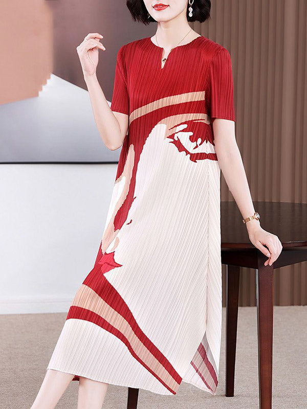 Robe mi-longue ample plissée coupe trapèze, à motifs figuratifs, à col en V