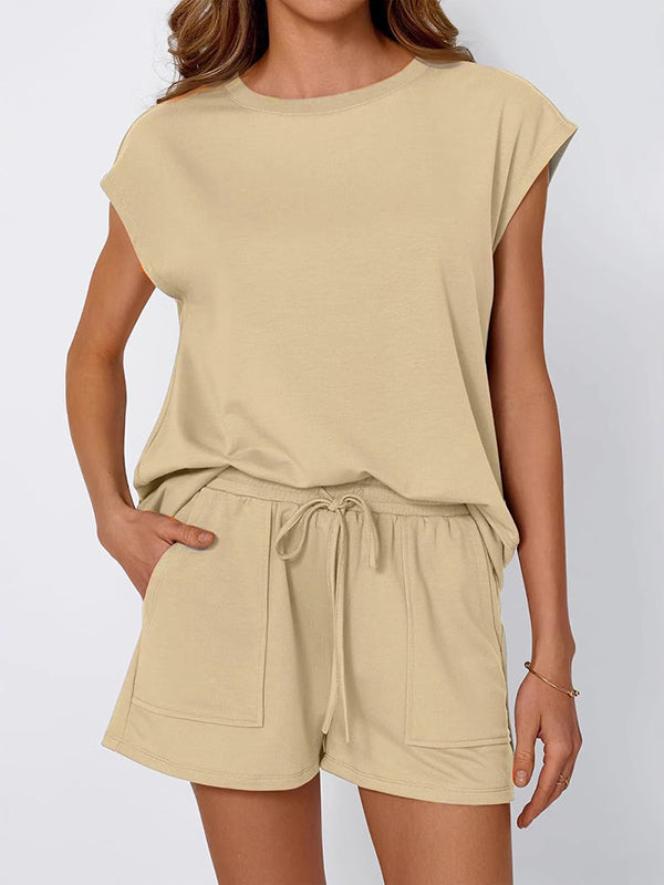Ensemble deux pièces ample à manches raglan, à empiècements, à col rond, à cordon de serrage, à taille élastique, couleur unie – t-shirt + short