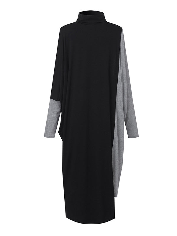 Robe décontractée ample à empiècements, à col haut, à manches longues, couleur contrastée
