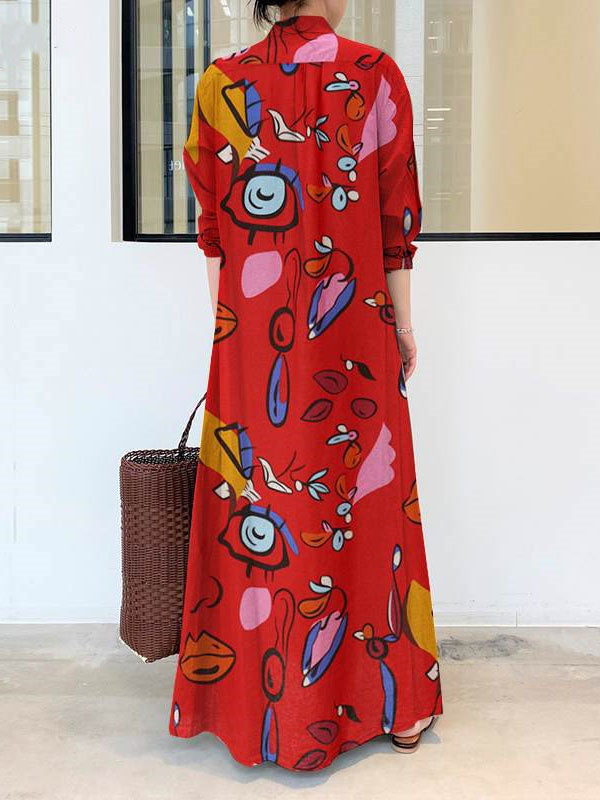 Robe chemise ample boutonnée imprimée à manches longues, à poches, à col revers