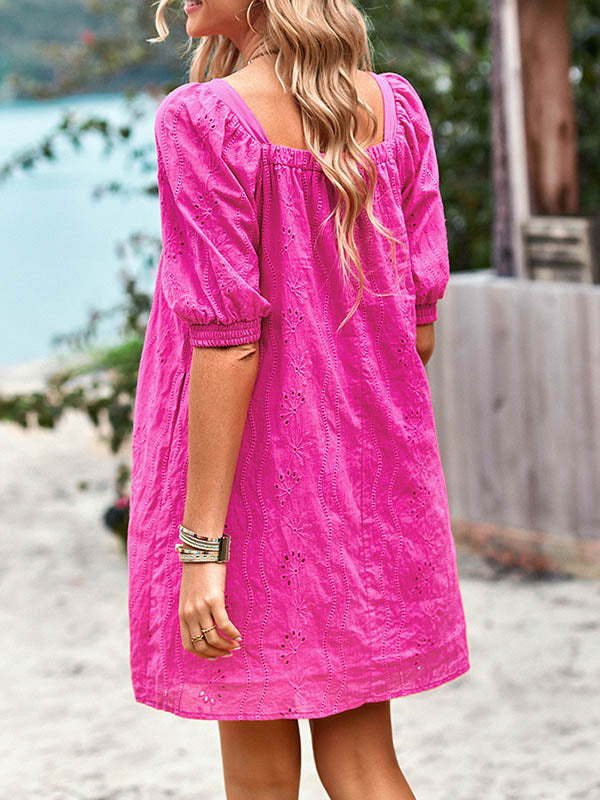 Robe courte ample à manches bouffantes, en jacquard, à col carré, couleur unie