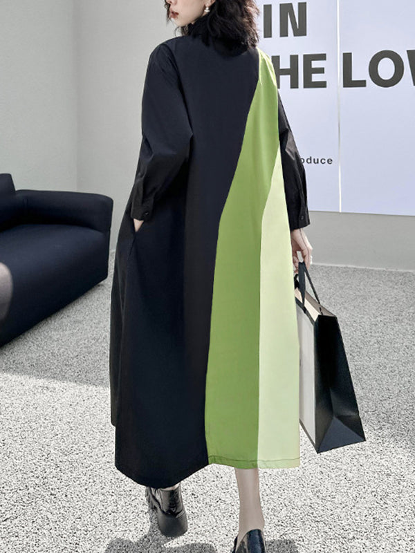 Robe chemise ample asymétrique boutonnée à manches longues, à empiècements, à col revers, couleur contrastée