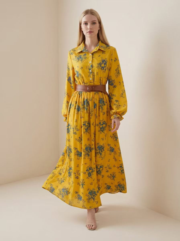 Robe chemise boutonnée plissée coupe trapèze, à taille élastique, avec ceinture, à imprimé floral, à empiècements, à col revers, couleur contrastée