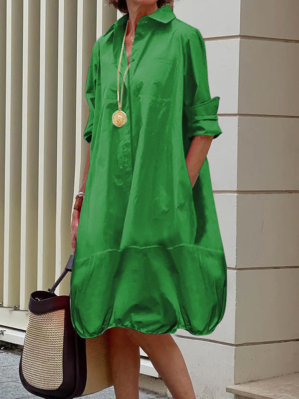 Robe chemise ample à manches longues, à col revers, couleur unie