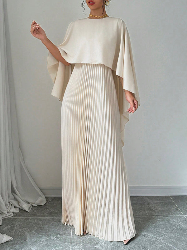 Robe de soirée longue plissée style cape, à ourlet plongeant, à empiècements, à col rond, couleur unie