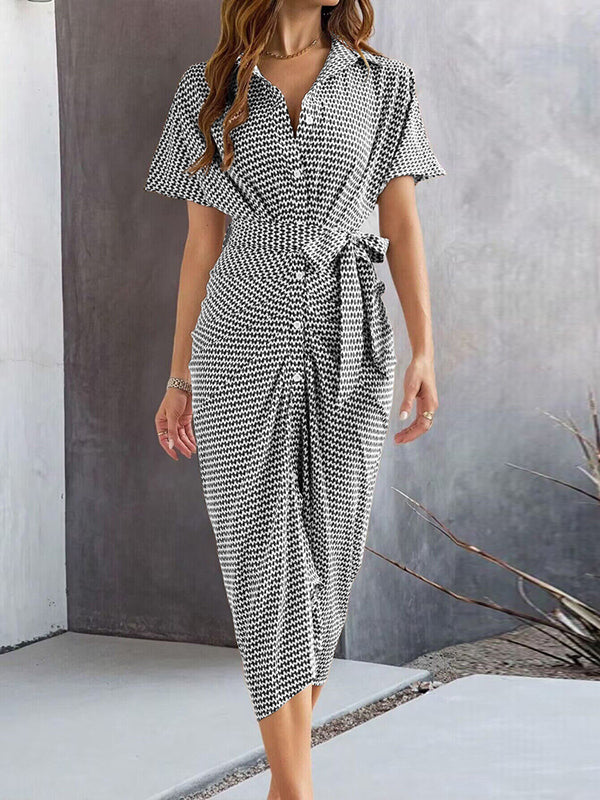 Robe mi-longue moulante boutonnée à manches mi-longues, à taille nouée, à col revers, couleur contrastée