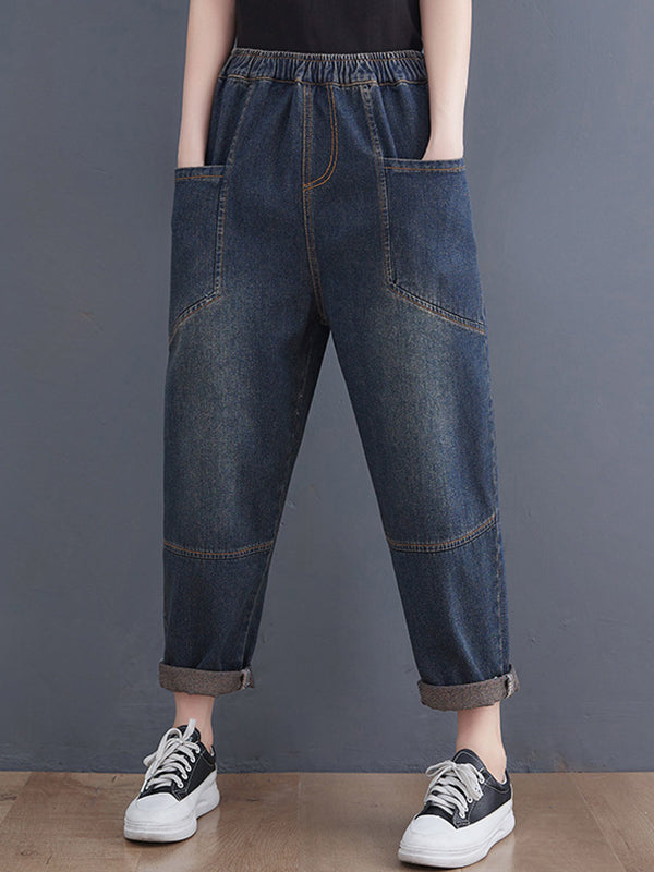 Pantalon en jean élastique ample rétro artistique