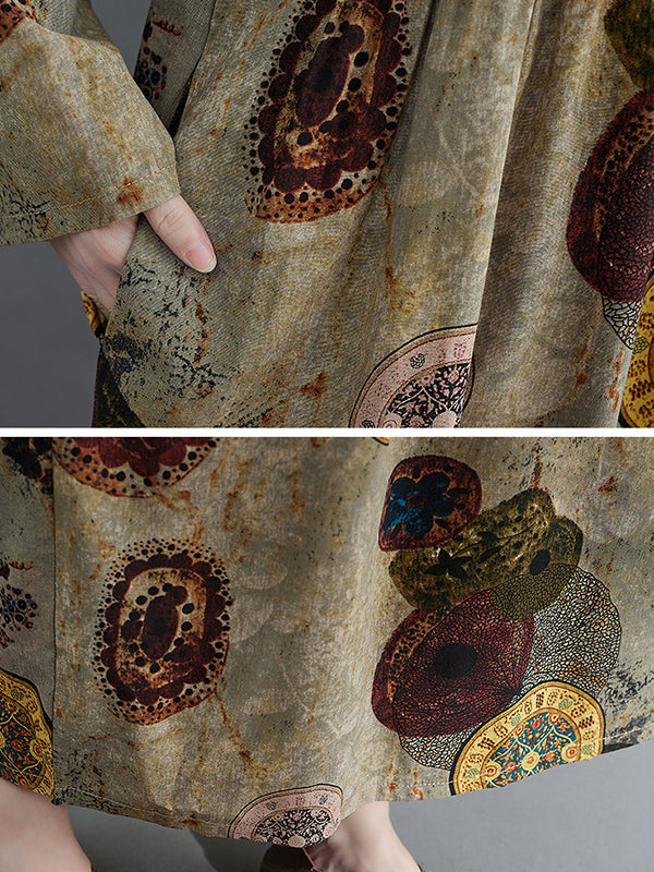 Robe longue artistique ample imprimée rétro, à manches longues, à col rond