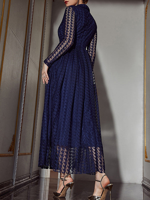 Robe longue boutonnée transparente taille haute, à manches longues, en gaze, à col en V, couleur unie