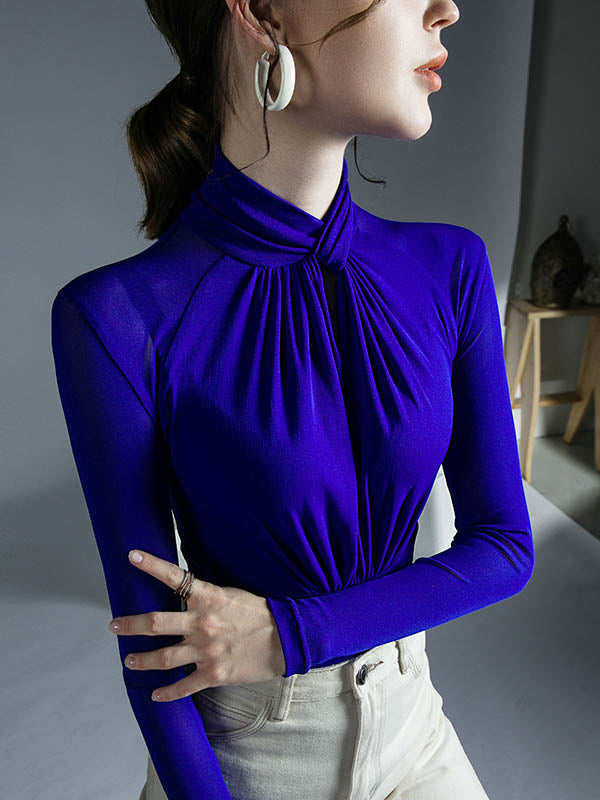 Blouses à manches longues grandes tailles en maille ajourée plissée transparente, couleur unie, col roulé torsadé