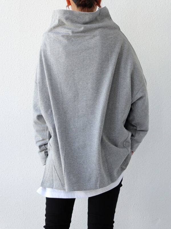 T-shirt urbain noir gris à col haut, à manches longues, oversize